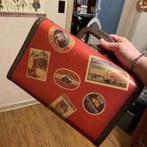 Vintage Travel-Themed Red and Brown Children’s Toy Suitcase